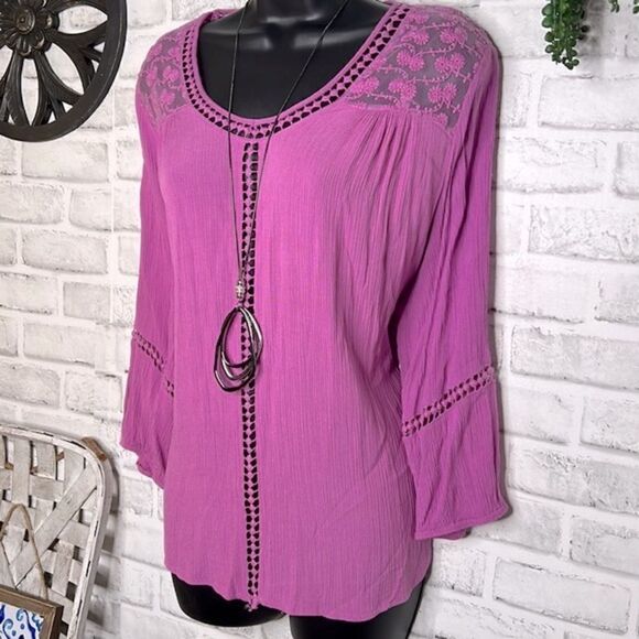gnw Magenta Boho Hippie Lace Embroidery Blouse Top Shirt Size Large - Picture 3 of 7